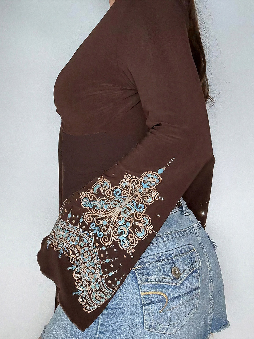 Vintage Print V-Neck Long-Sleeve Top