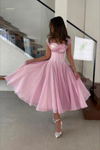 Mesh-Waist Flared Prom Dress
