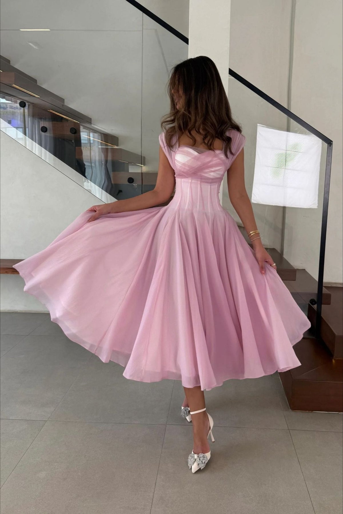 Mesh-Waist Flared Prom Dress