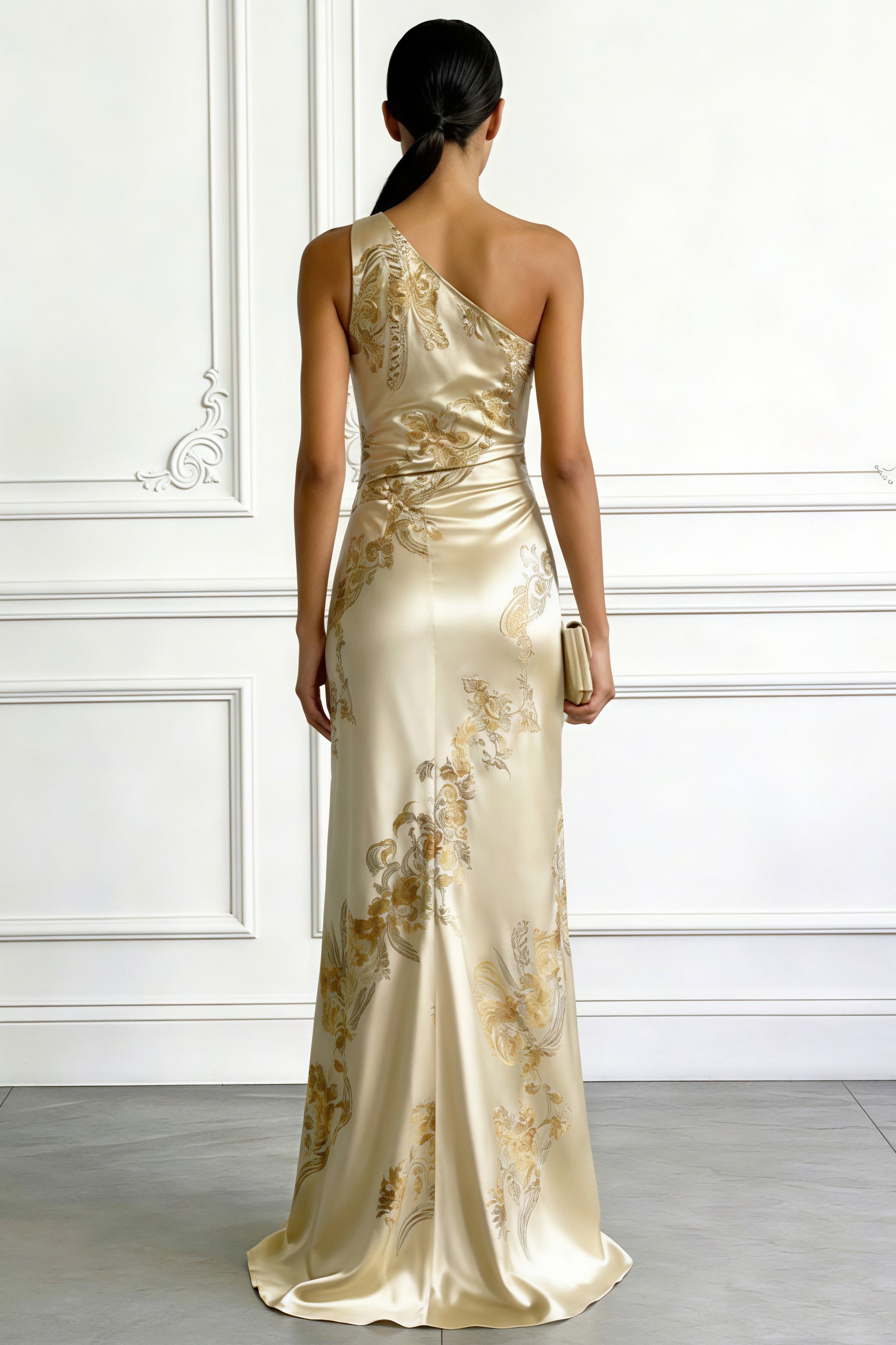 Off-Shoulder Asymmetric Print Slim-Fit Maxi Dress