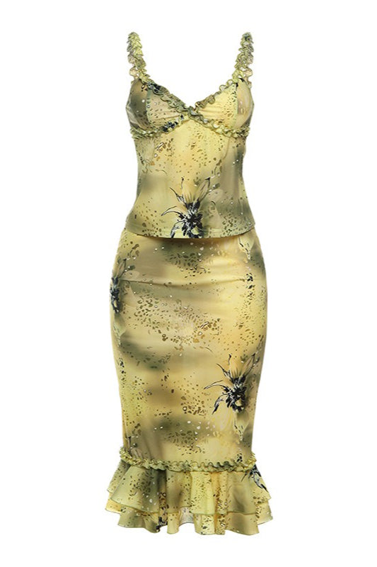 Floral V-Neck Ruched Ruffle Midi Dress