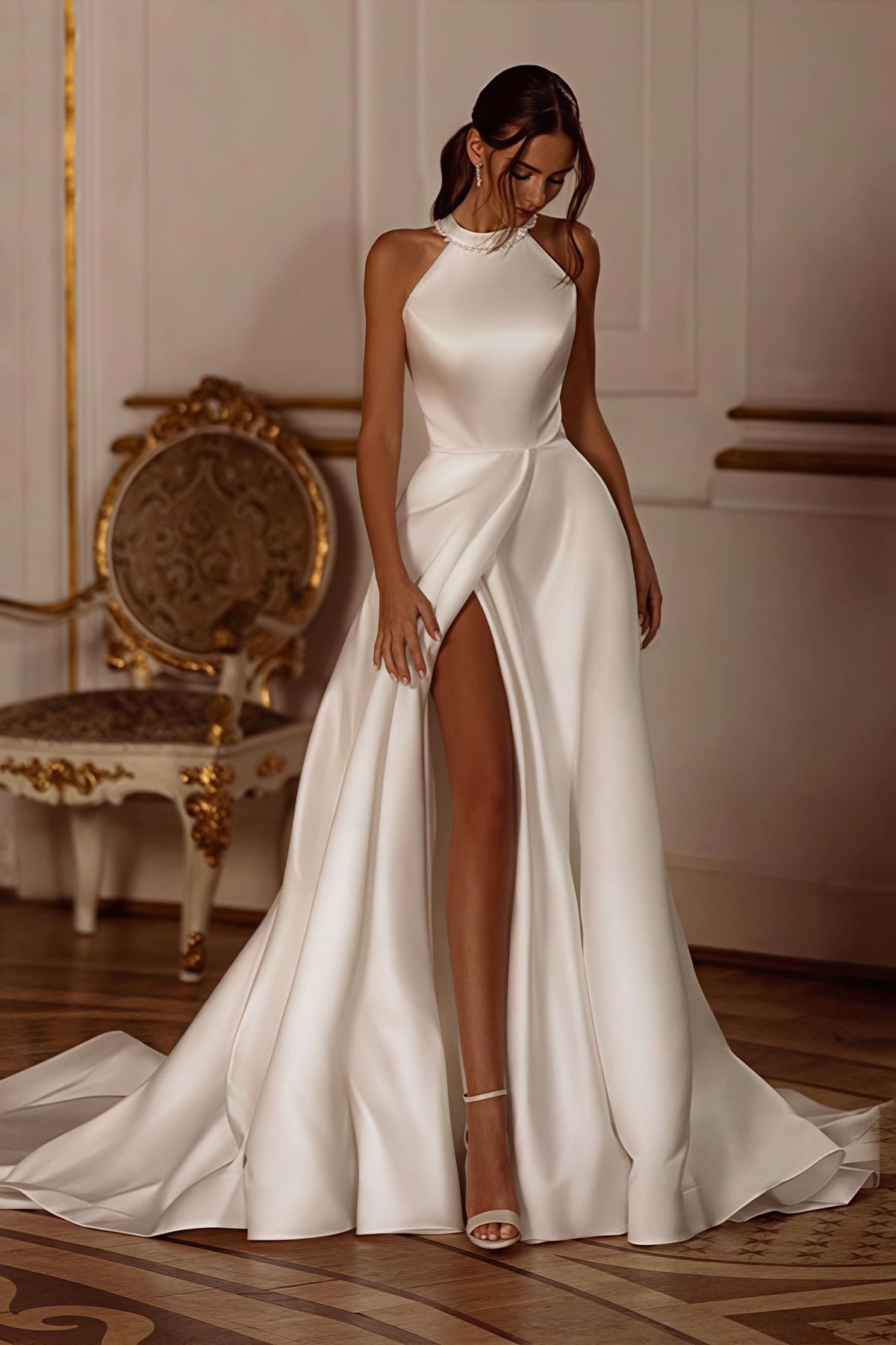 Satin Halter Train Reception Dress