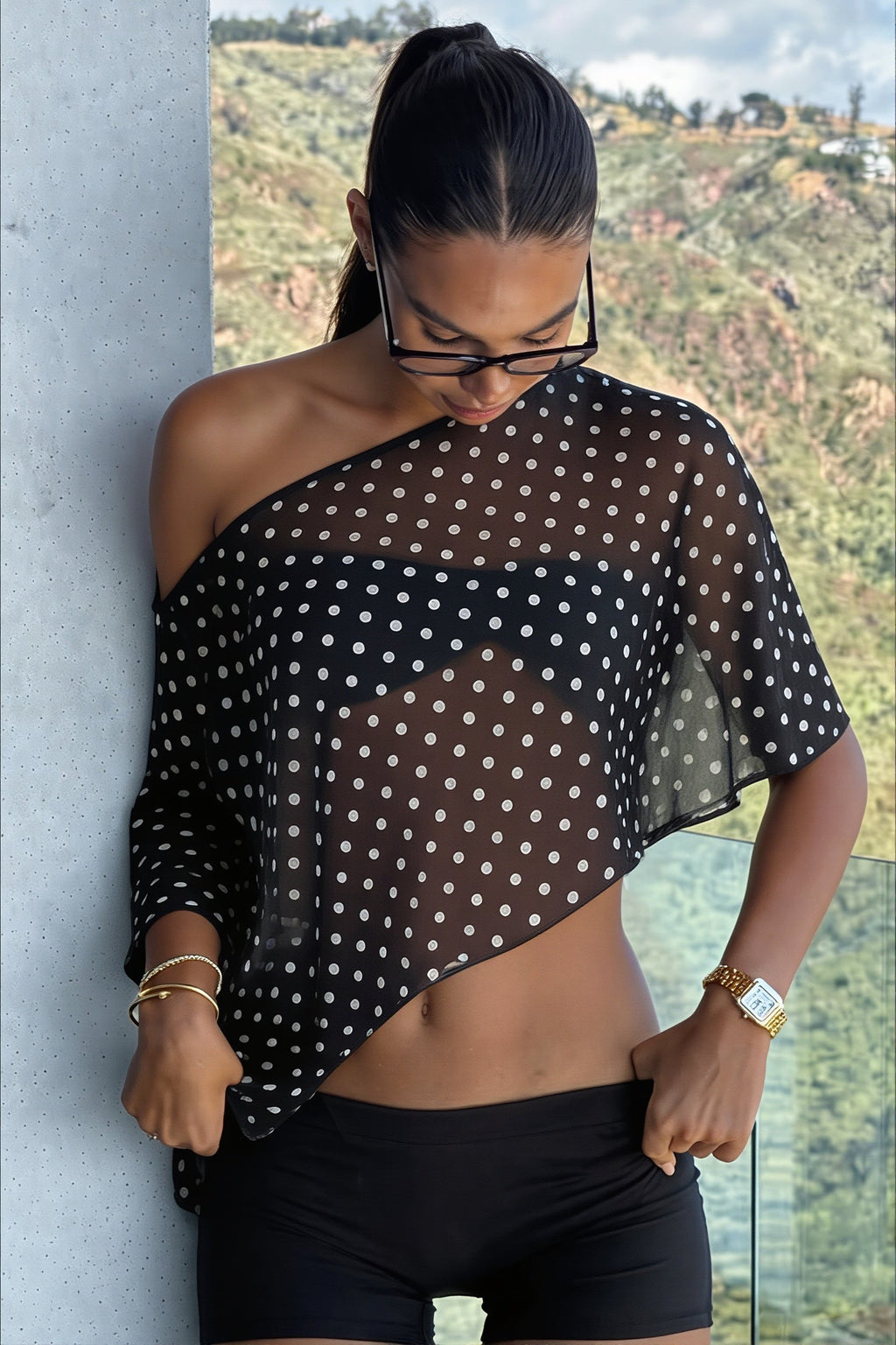 Chiffon Polka Dot Asymmetric Blouse