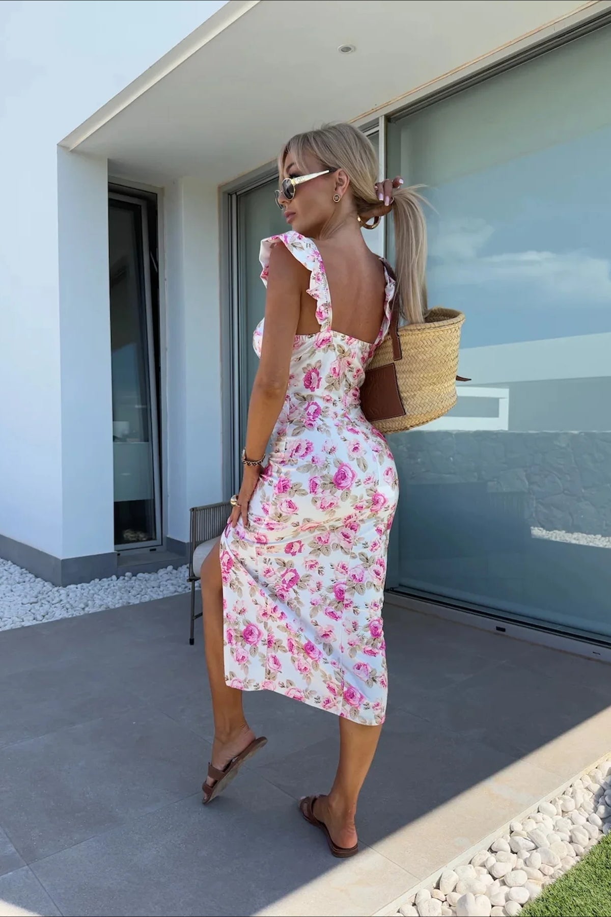 Floral Spaghetti-Strap Slit Midi Dress