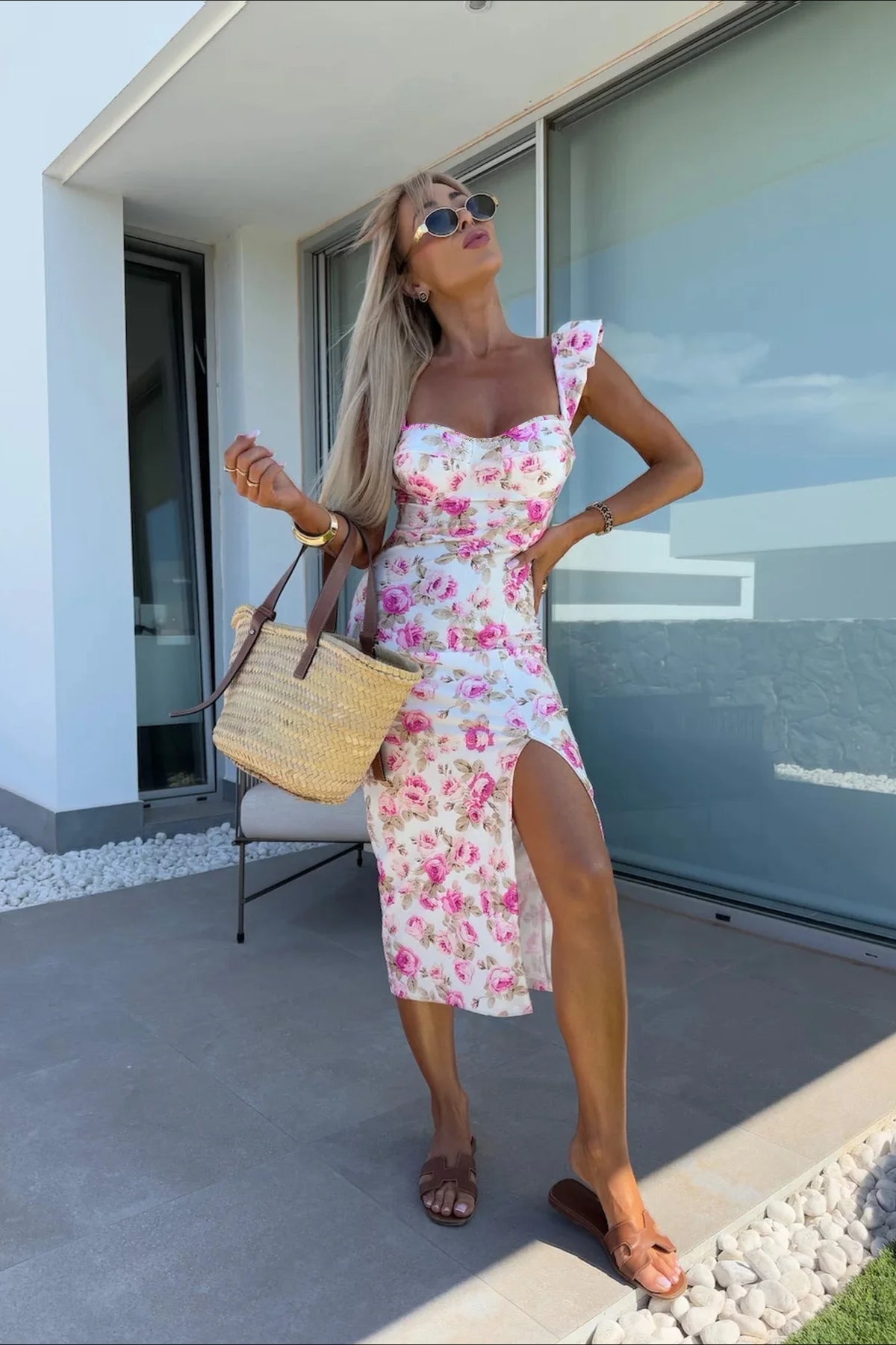 Floral Spaghetti-Strap Slit Midi Dress