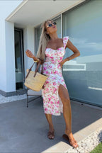 Floral Spaghetti-Strap Slit Midi Dress