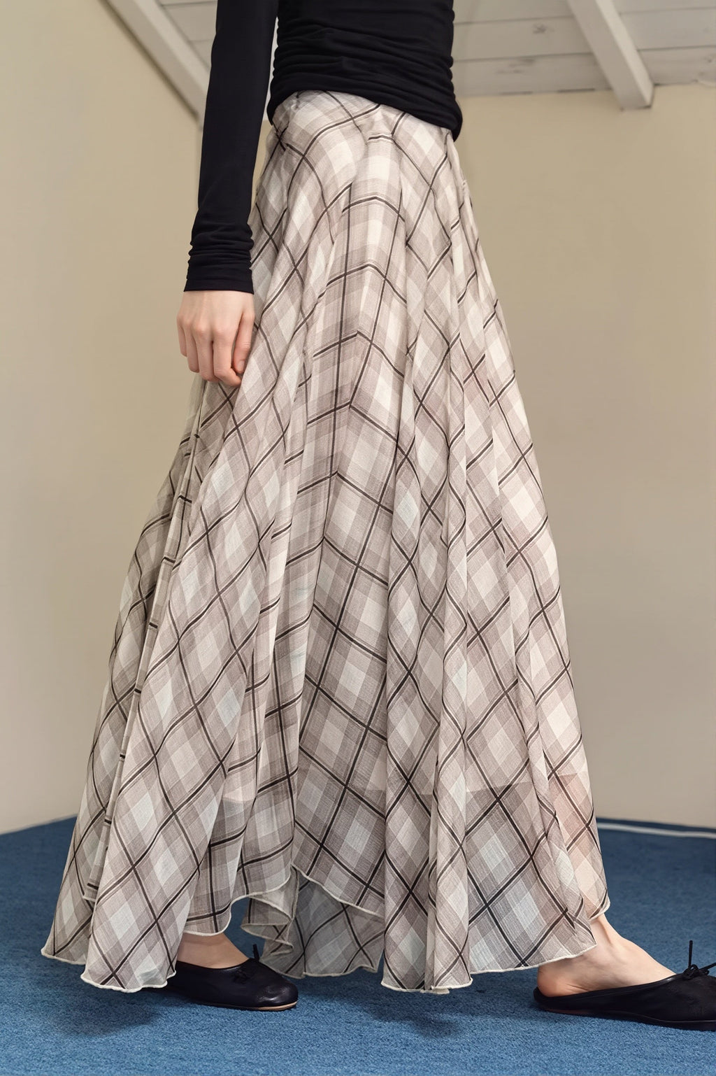 Draped Plaid Slim Maxi Skirt