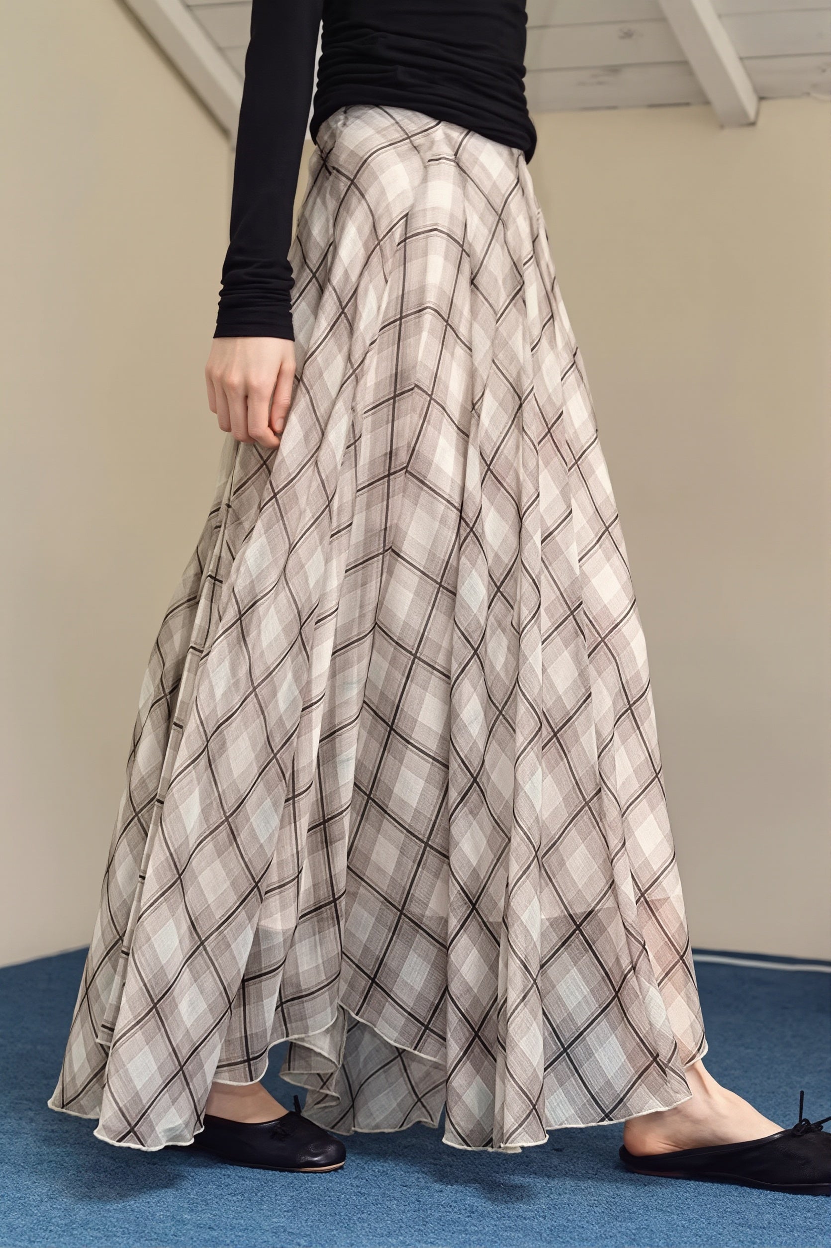 Draped Plaid Slim Maxi Skirt
