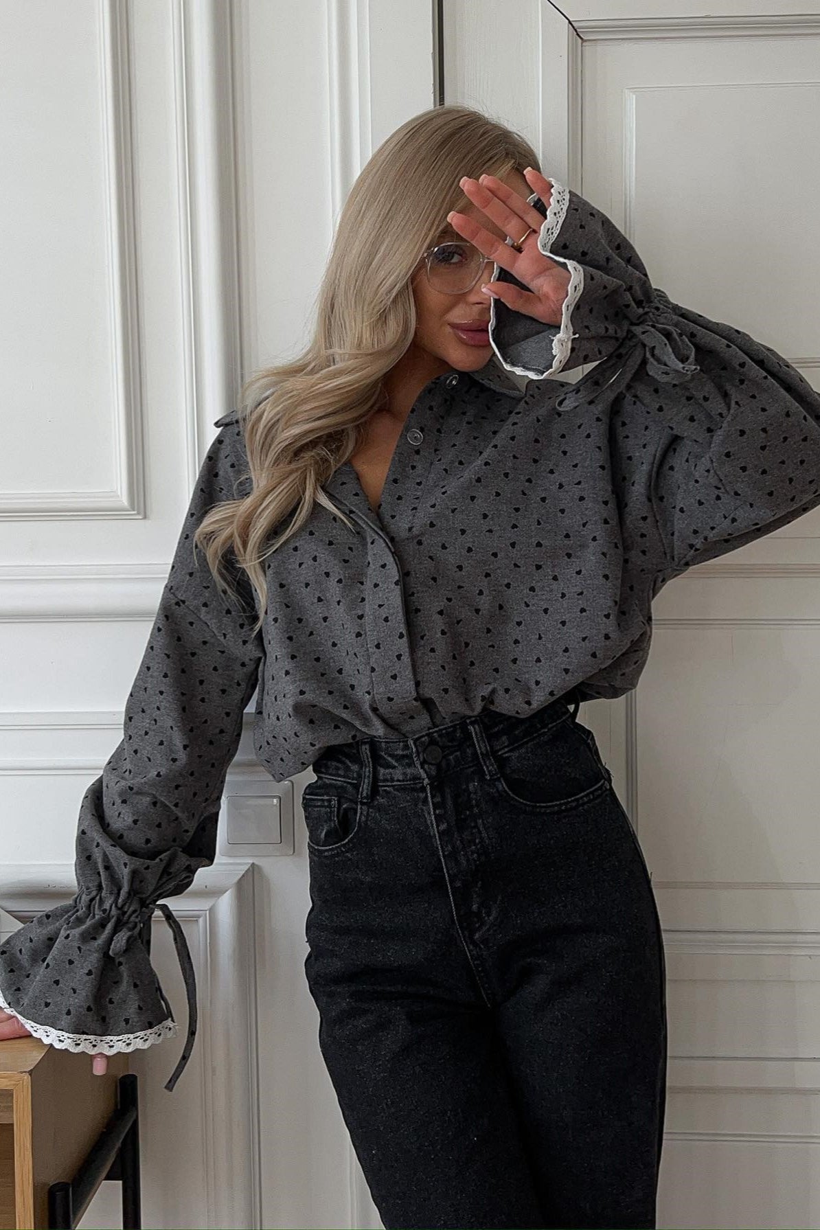 Polka Dot Lace-Cuff Collar Blouse