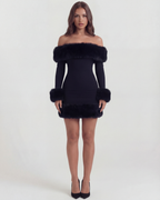 Bella Black Faux-Fur Off-Shoulder Mini Dress