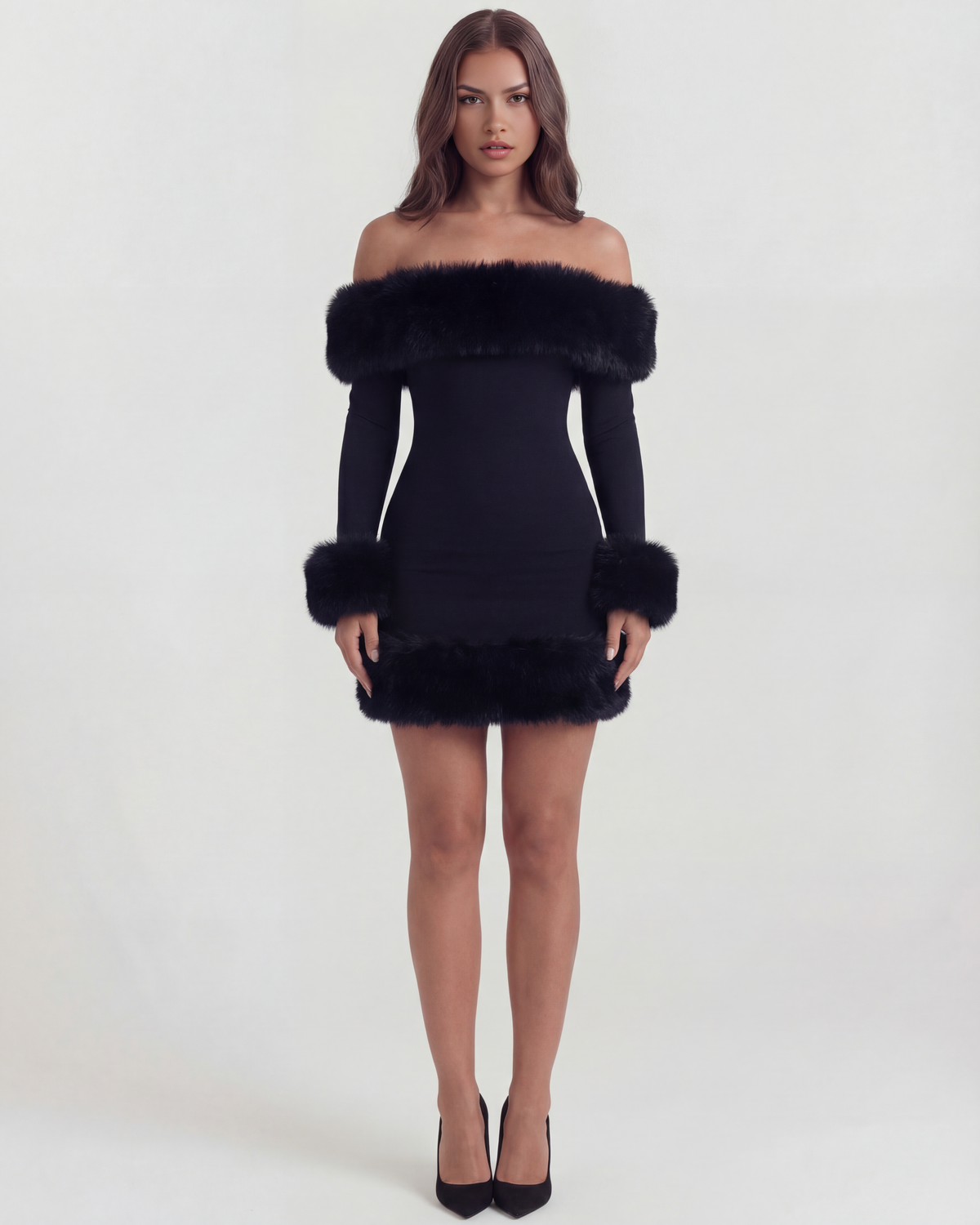Bella Black Faux-Fur Off-Shoulder Mini Dress
