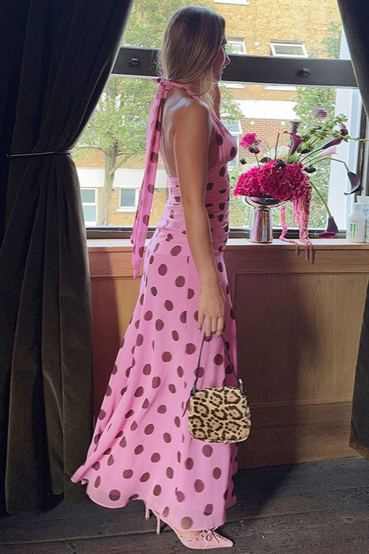 Polka Dot Halter V-Neck Maxi Dress