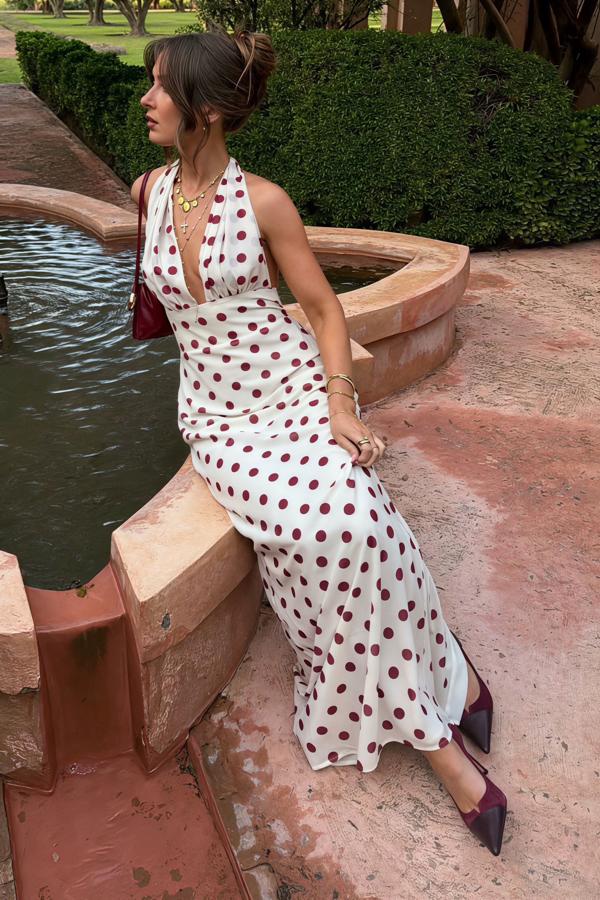 Polka Dot Halter Ruched-Waist Maxi Dress