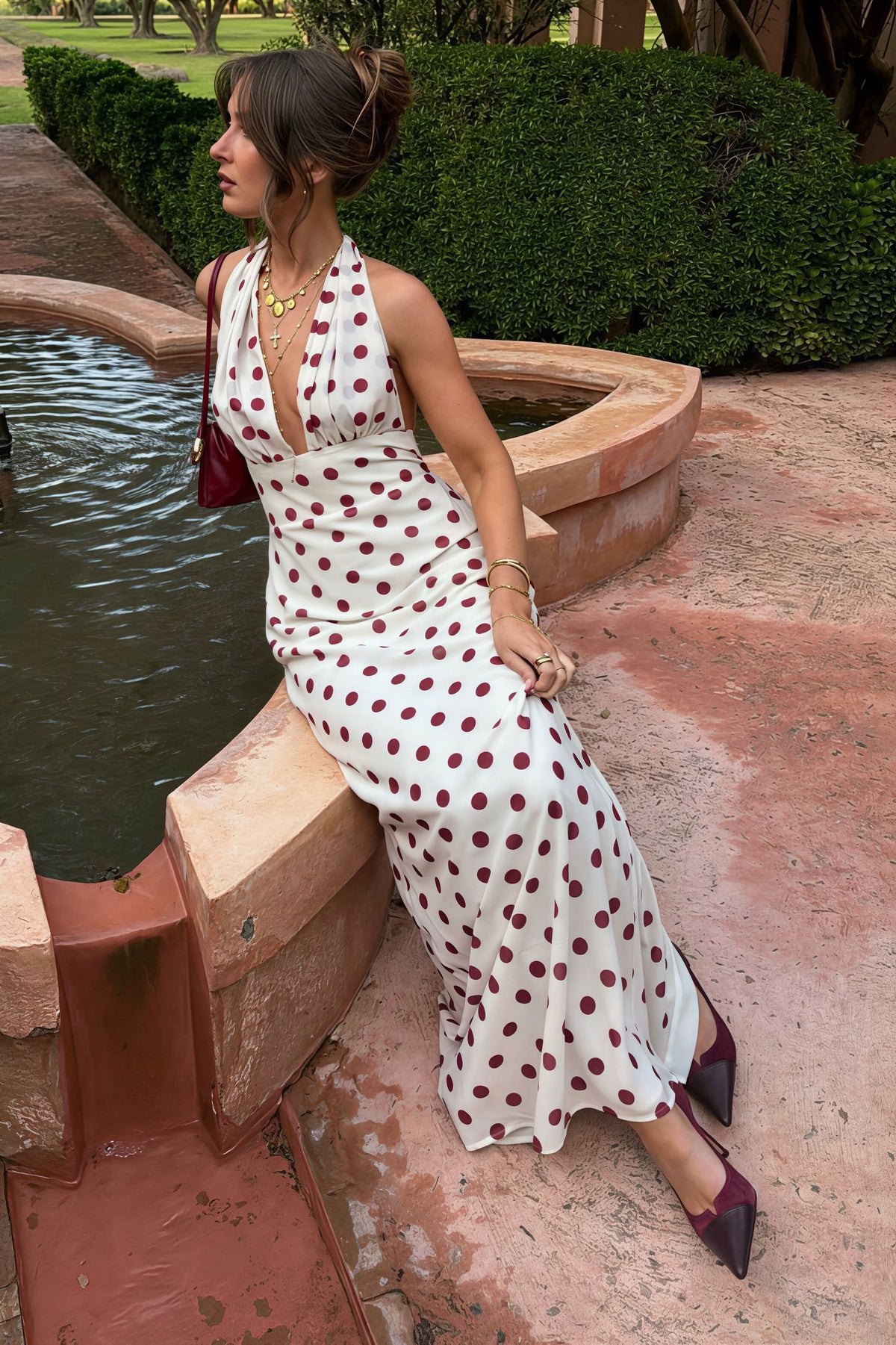 Polka Dot Halter Ruched-Waist Maxi Dress