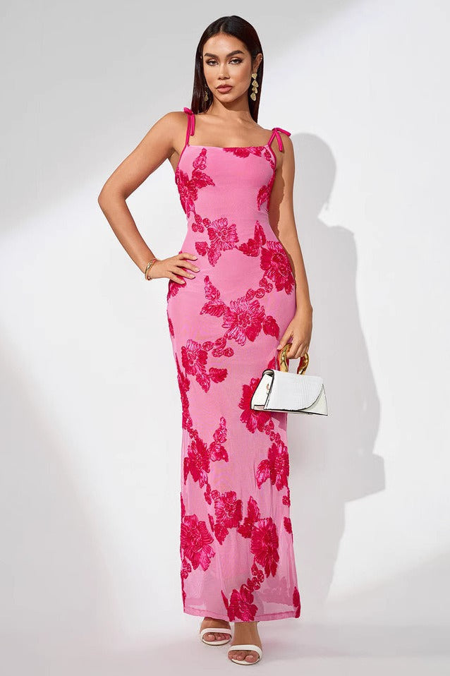 3D-Floral Embroidery Mesh Dress