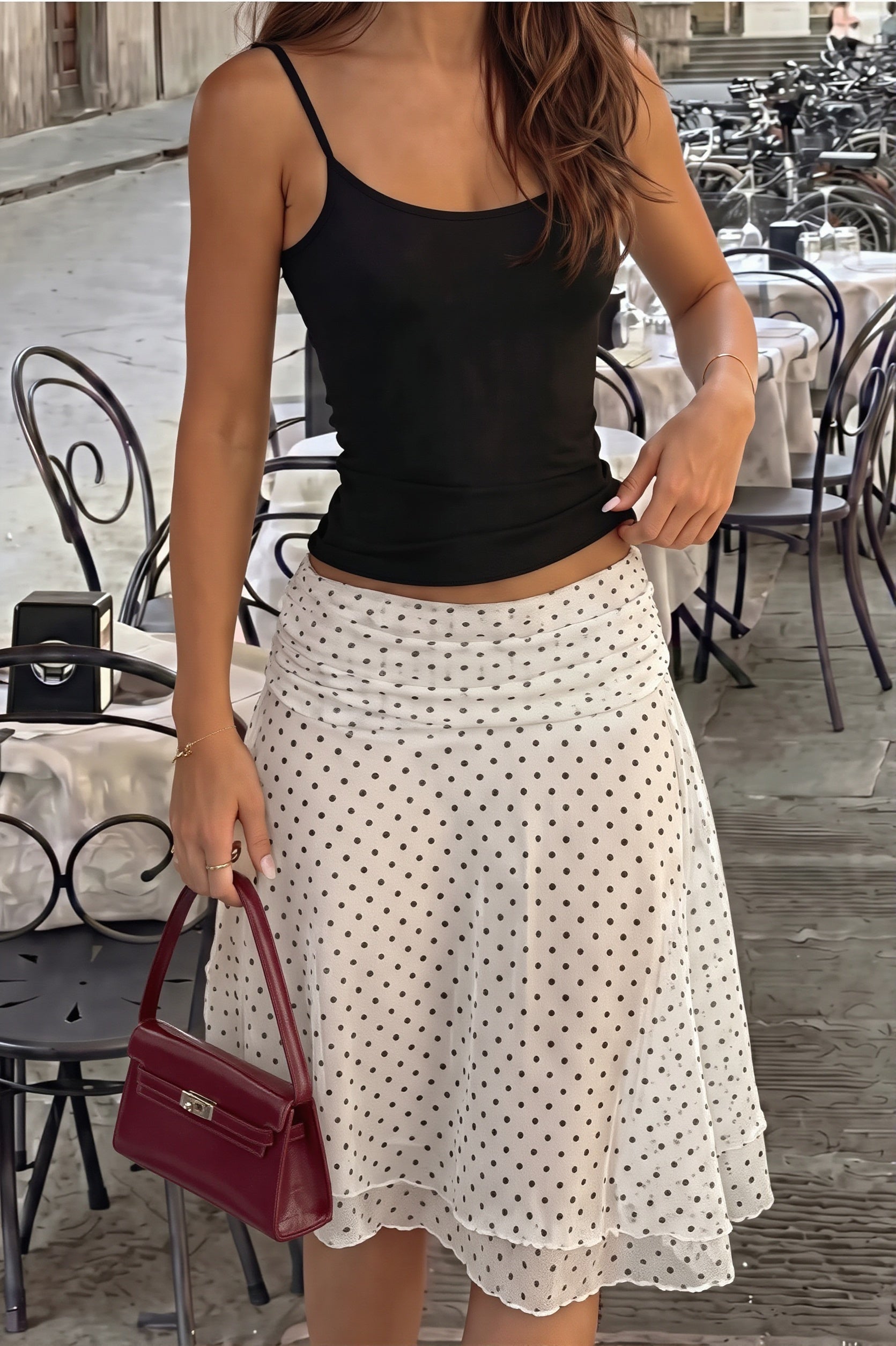 Dot-Print Asymmetric Mini Skirt