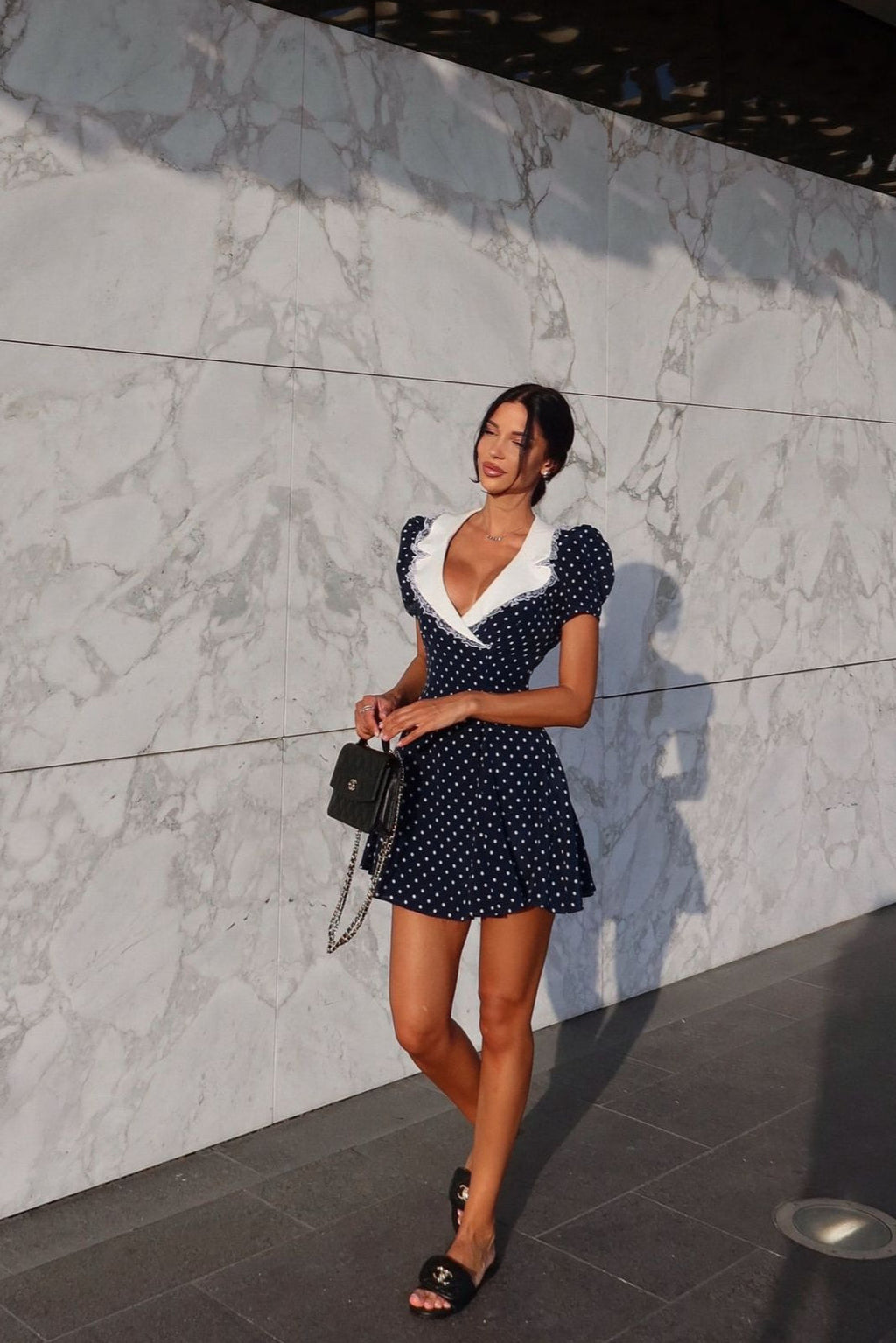 Polka Dot Lace-Trim V-Neck Mini Dress