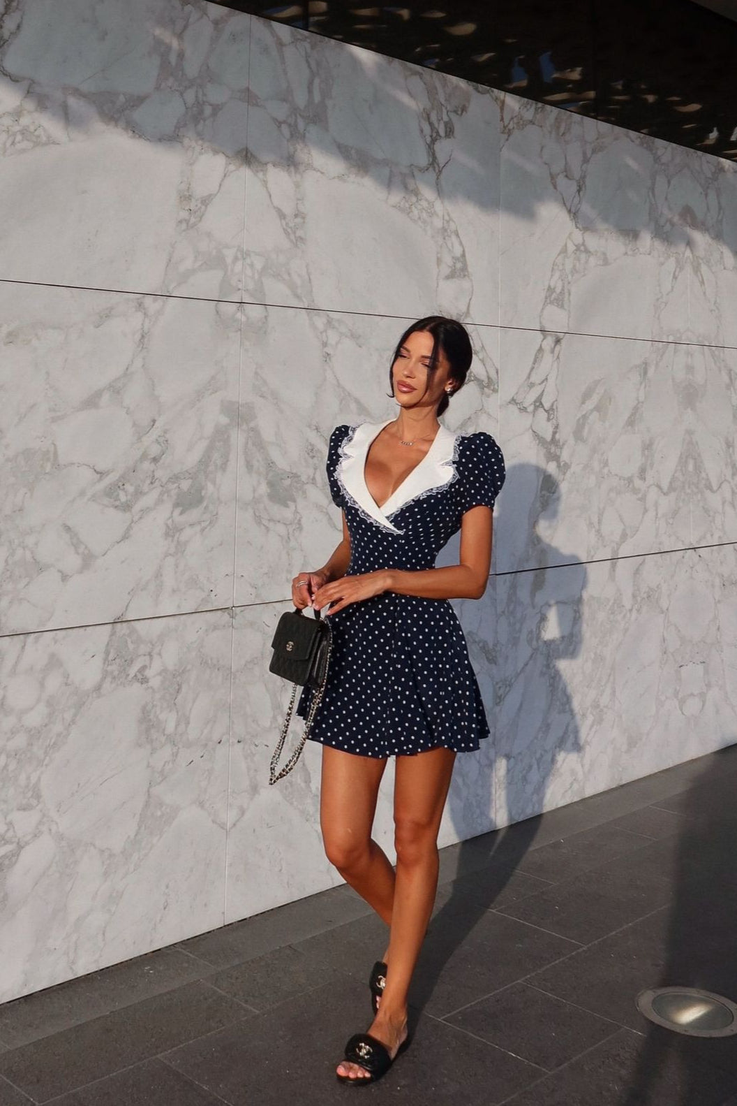 Polka Dot Lace-Trim V-Neck Mini Dress