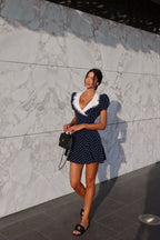 Polka Dot Lace-Trim V-Neck Mini Dress