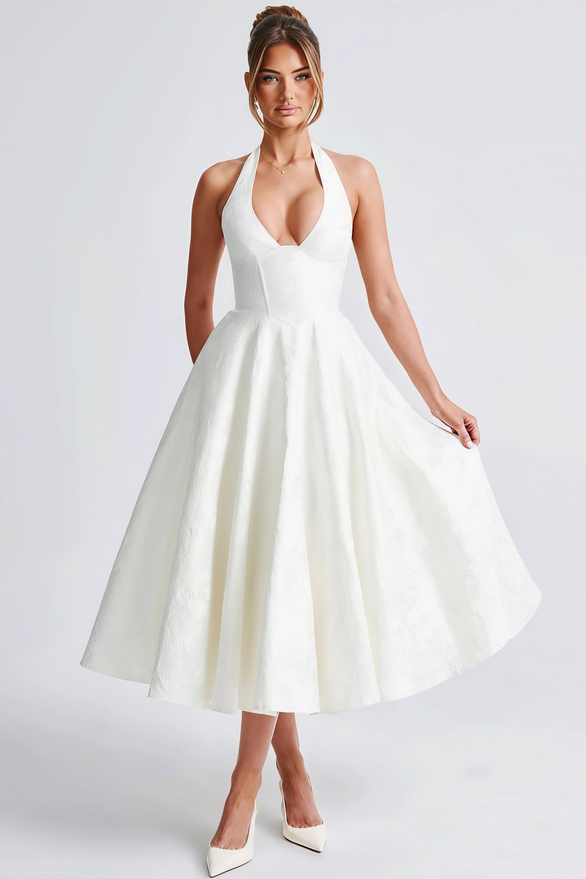 Jacquard Halter Backless Midi Dress