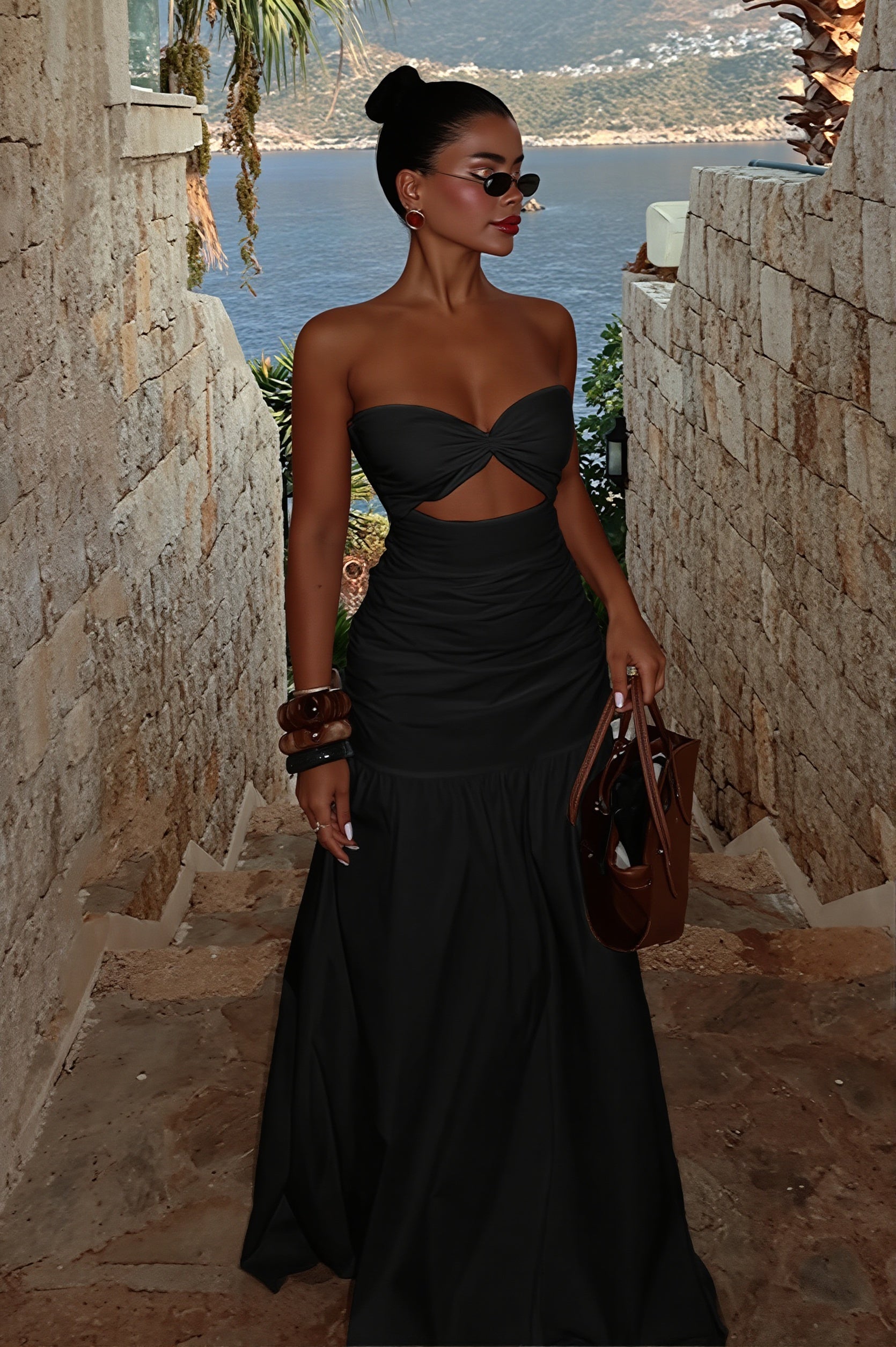 Solid Cutout Bandeau Maxi Dress