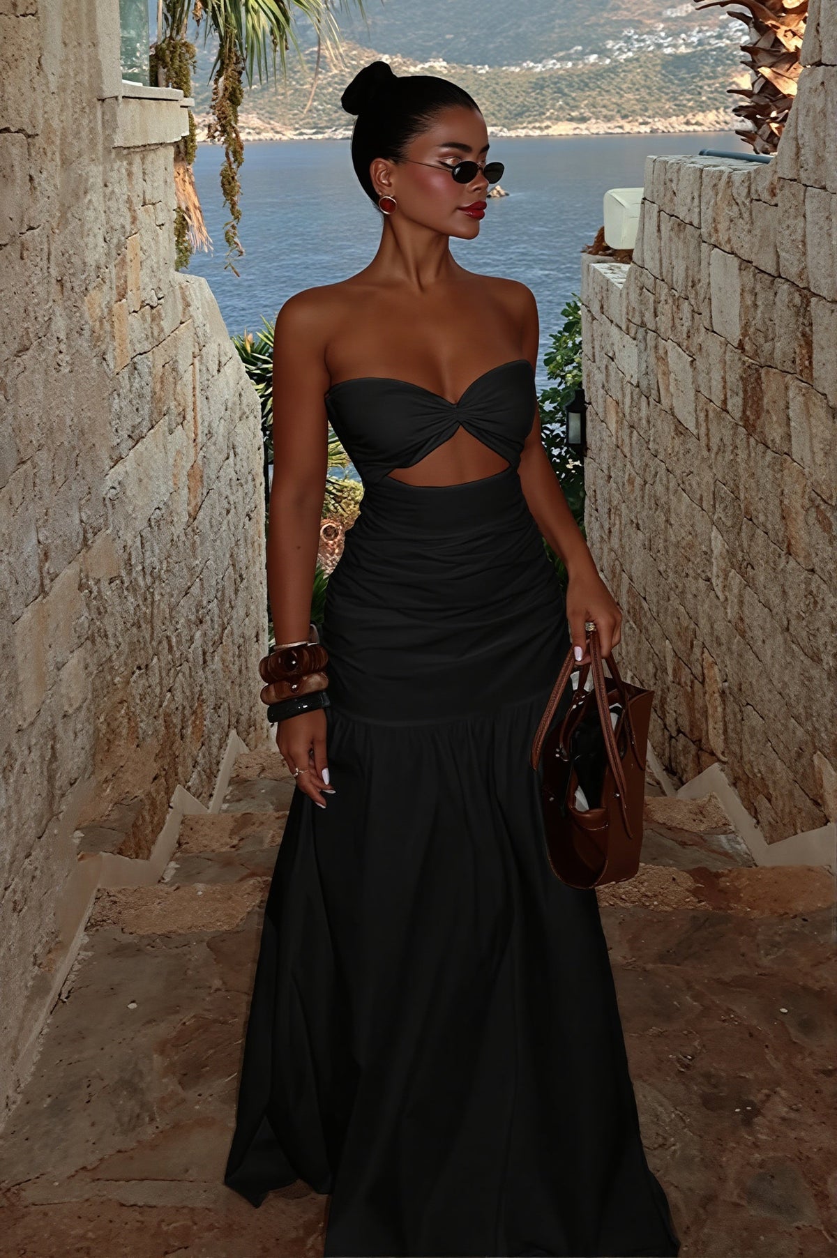 Solid Cutout Bandeau Maxi Dress