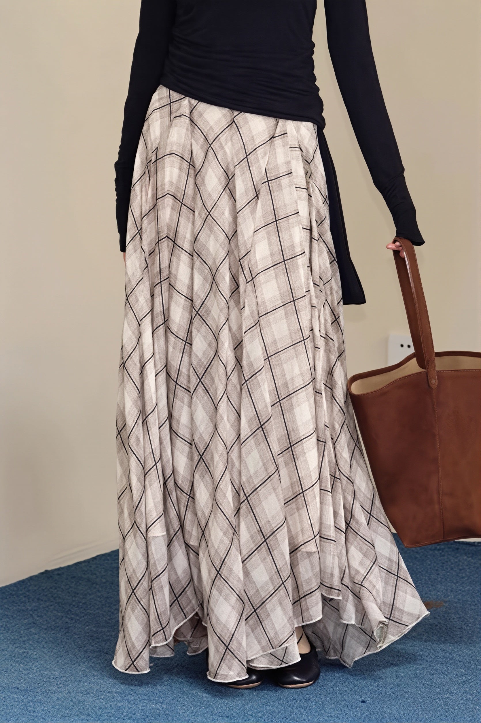 Draped Plaid Slim Maxi Skirt