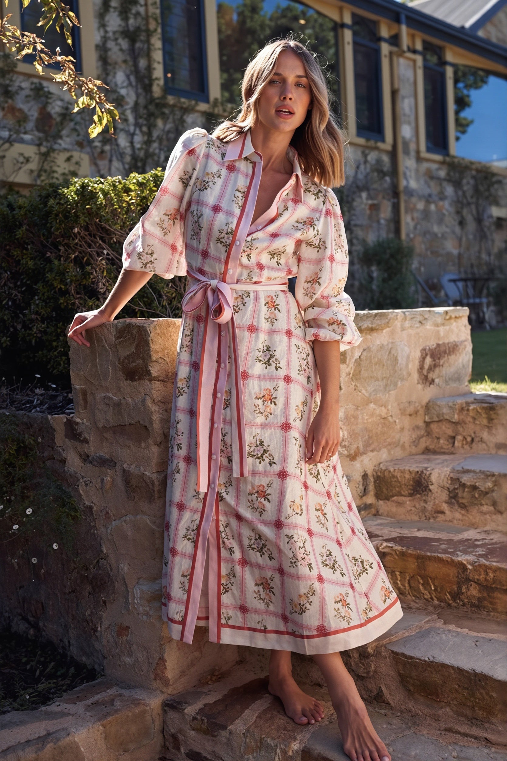 Floral Linen Tie Boho Dress