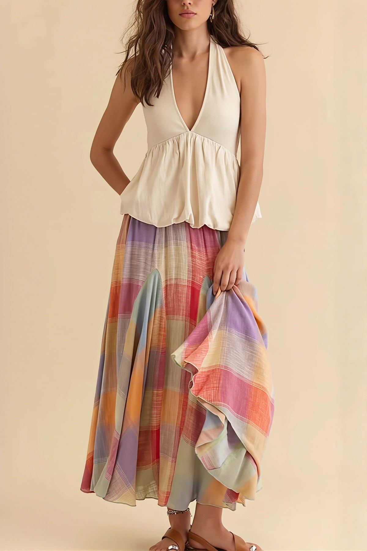 Plaid Flared Maxi Skirt