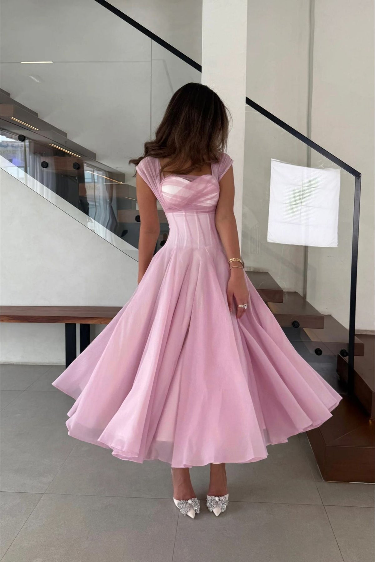 Mesh-Waist Flared Prom Dress