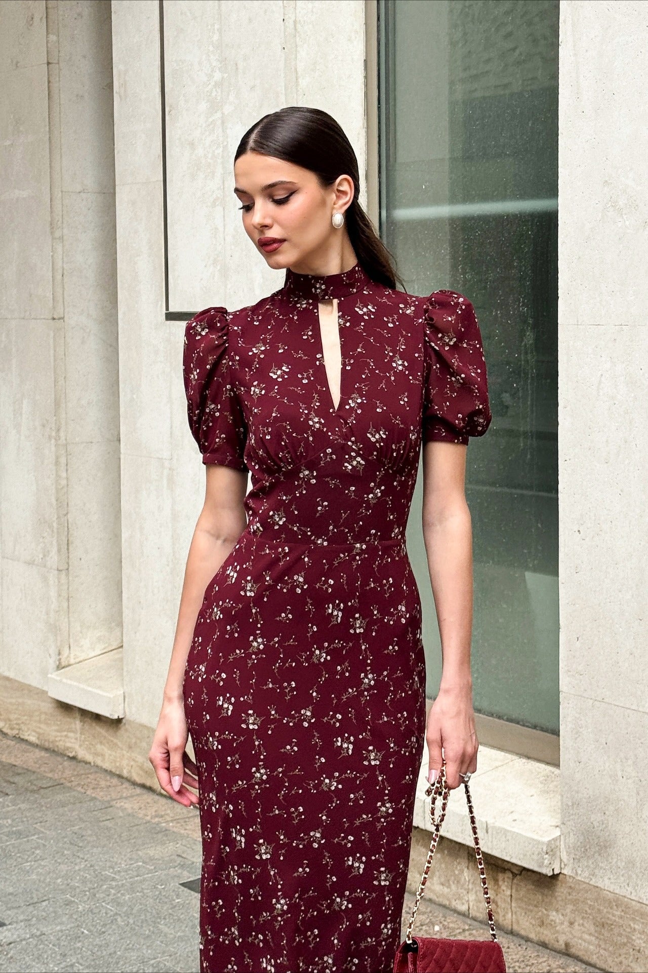 Floral Deep-V Bodycon Maxi Dress