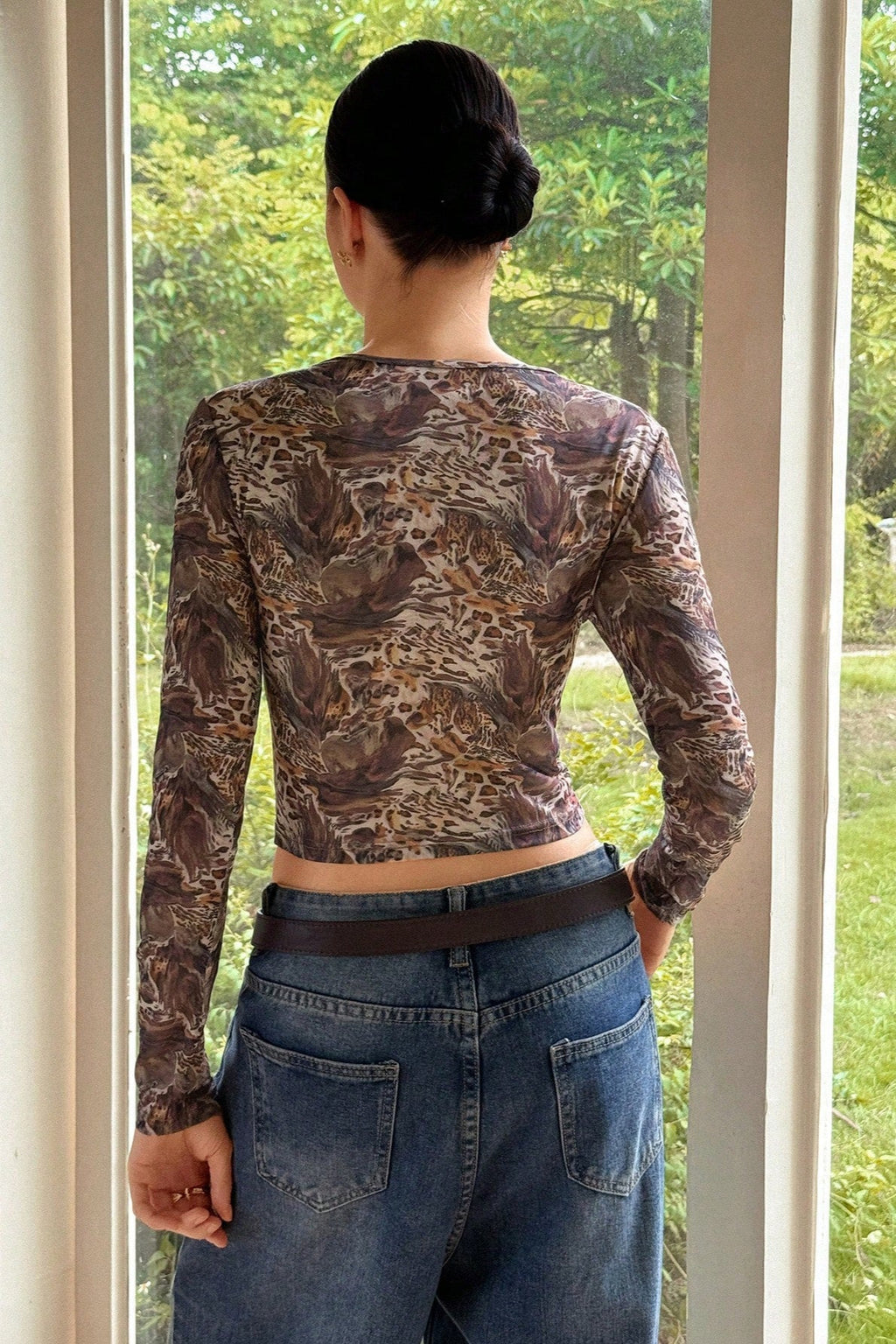 Leopard Mesh Sheer Long-Sleeve Top