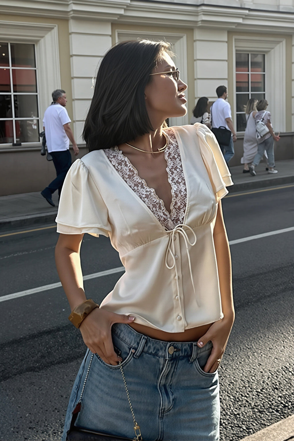 Lace-Satin Splice Tie Blouse