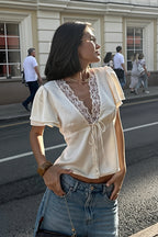 Lace-Satin Splice Tie Blouse