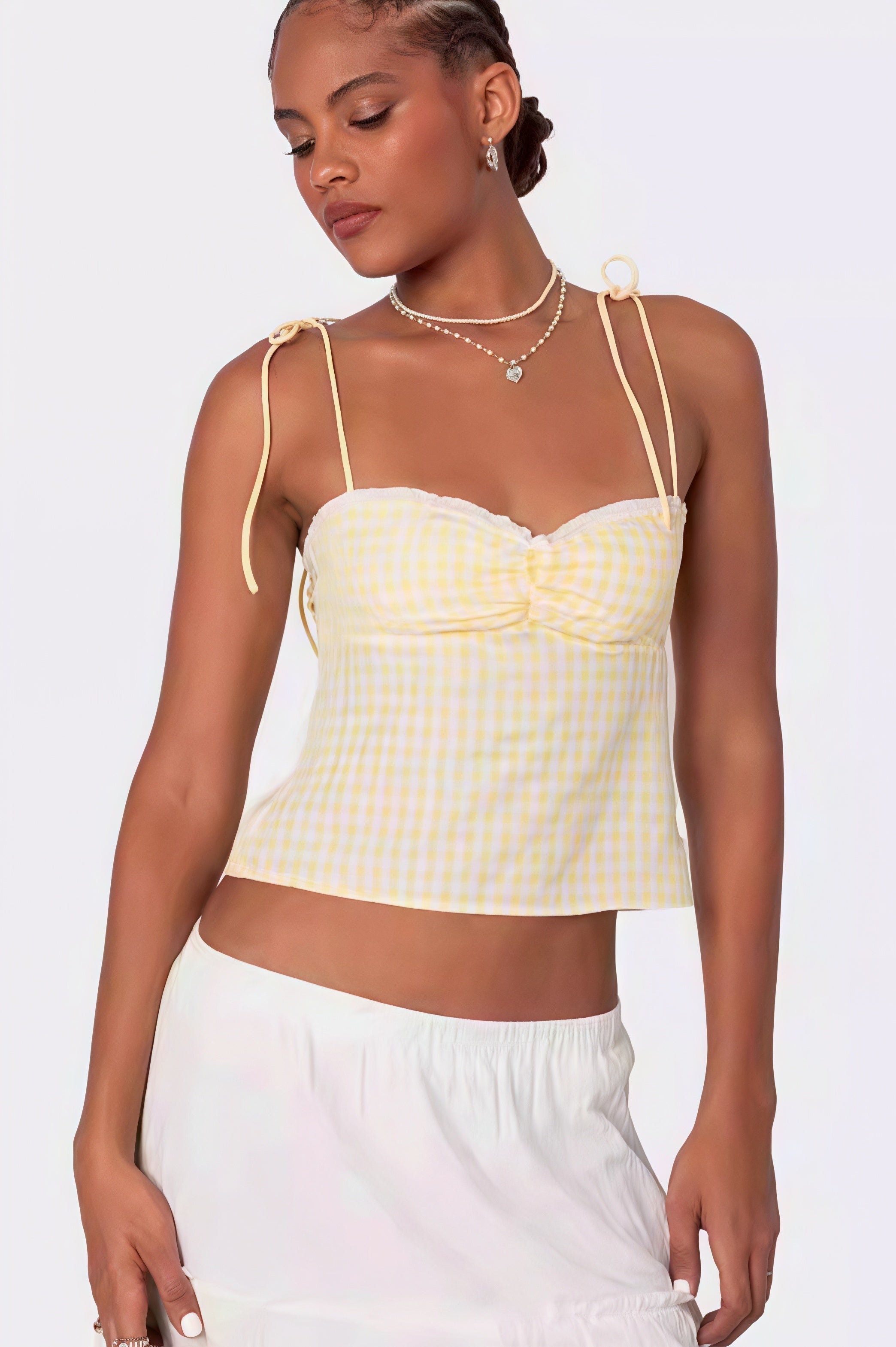 Plaid Lace-Trim Tie-Back Cami Top