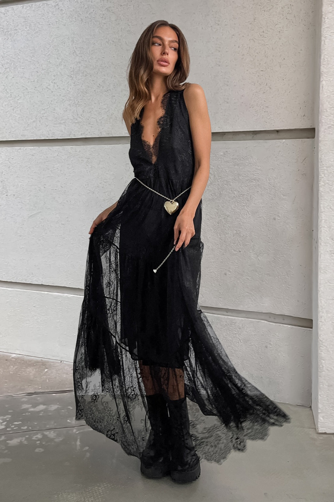 V-Neck Loose Lace Maxi Dress