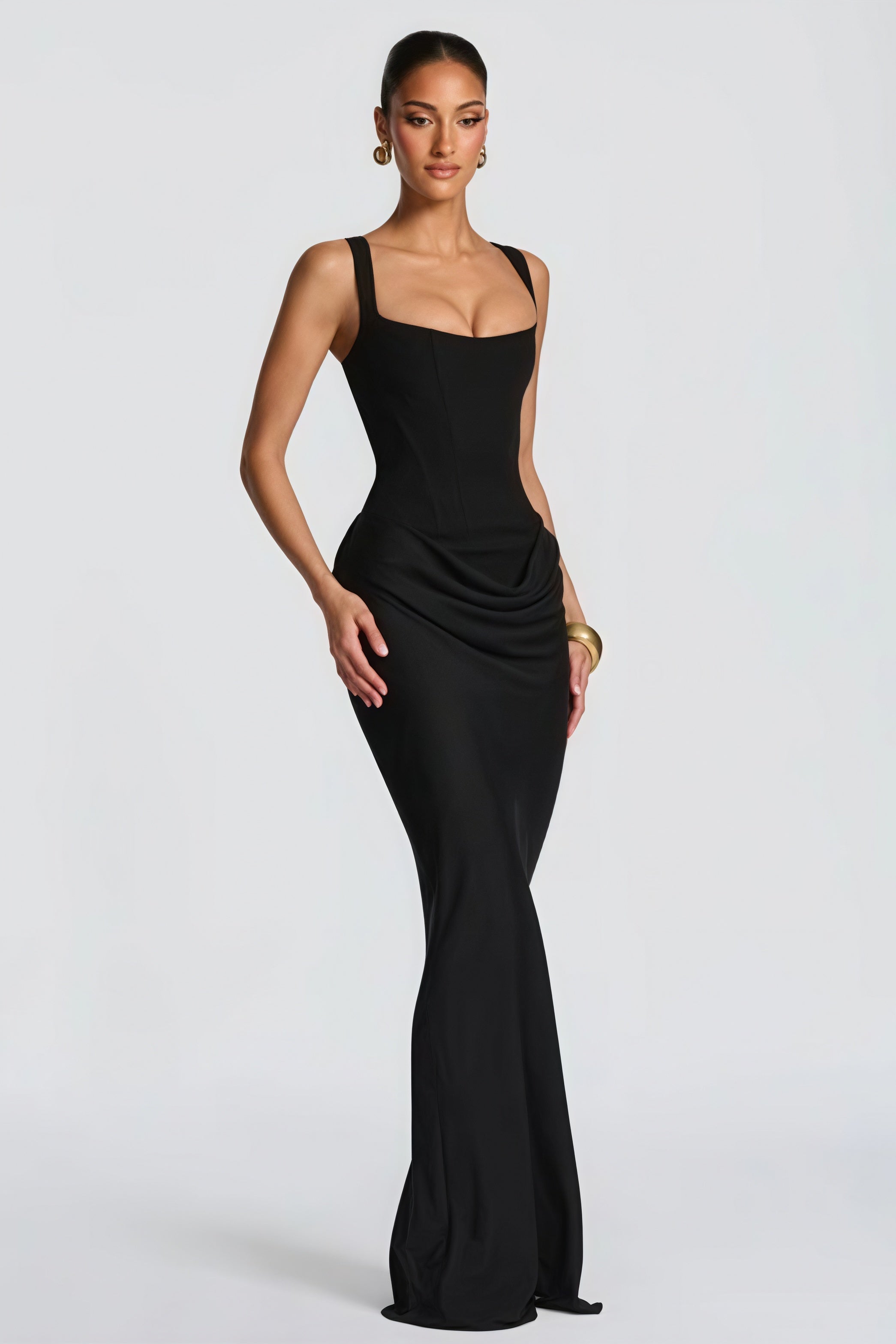 Ruched Spaghetti-Strap Waist-Cinch Bodycon Maxi Dress