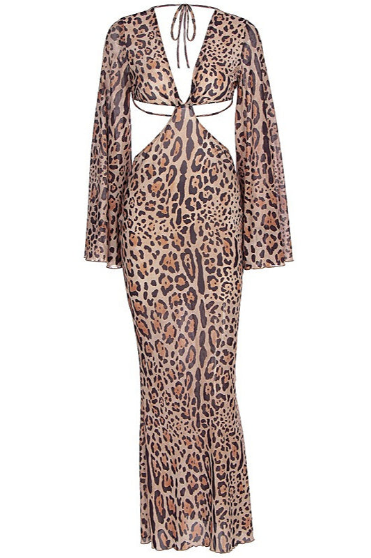 Leopard Cutout Flare Slit Maxi Dress