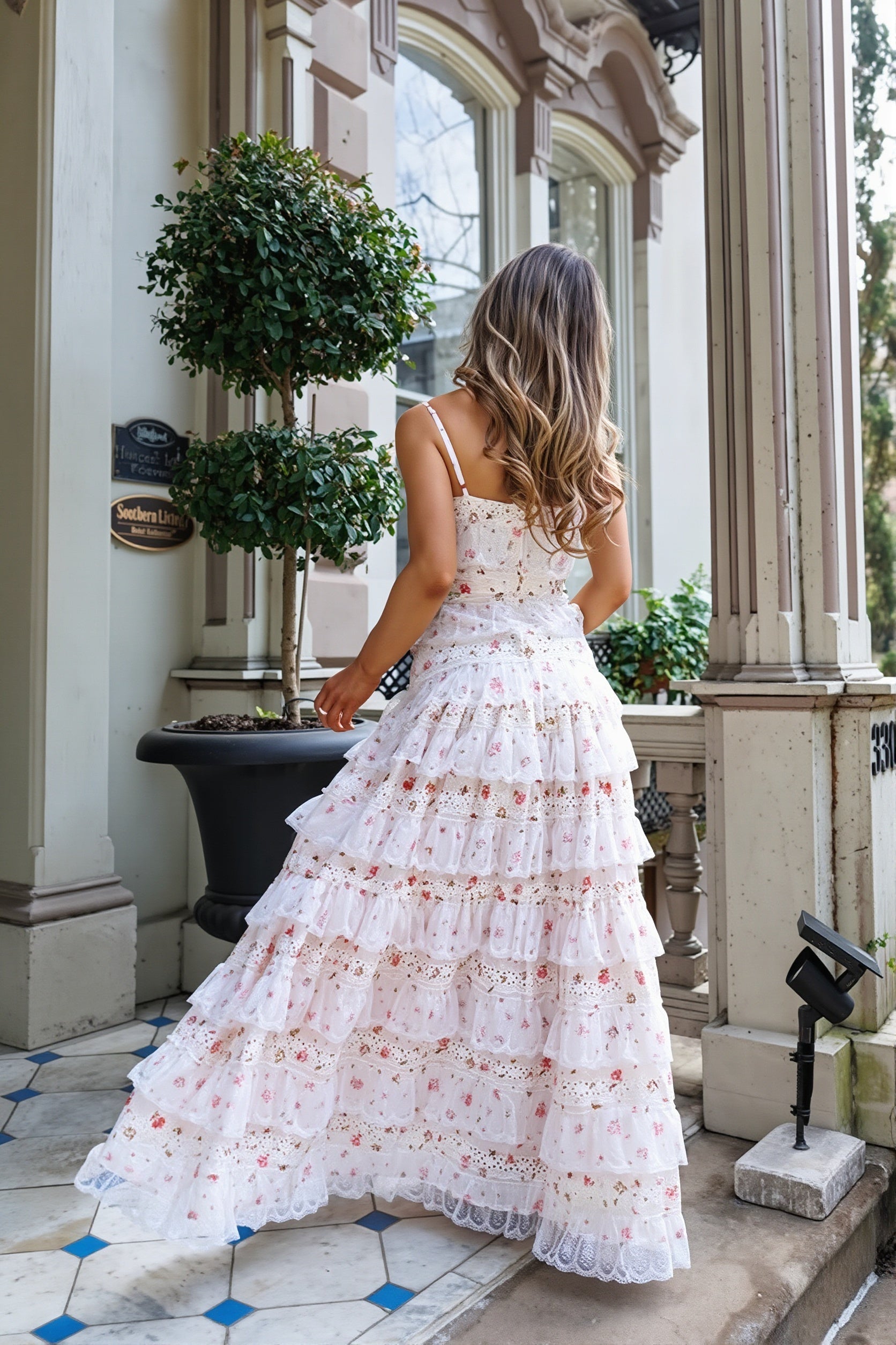 Lace-Trim Tiered-Ruffle Cami Maxi Dress