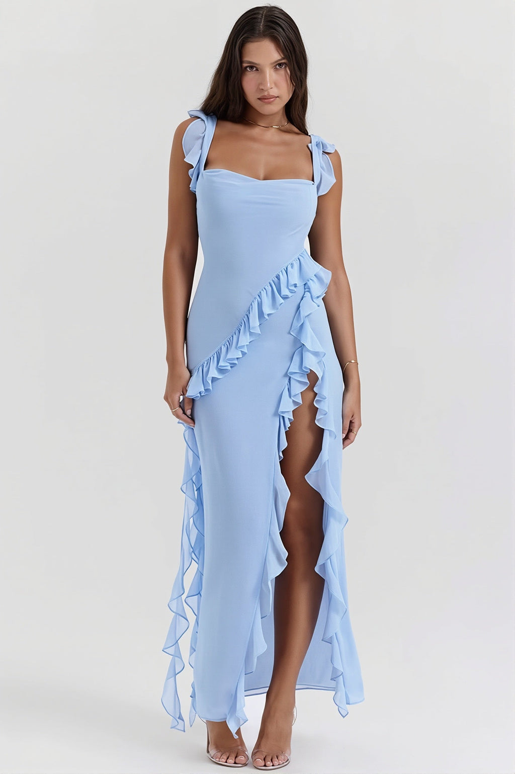 Ribbon Ruffle-Splice Slit Maxi Dress