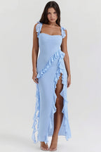 Ribbon Ruffle-Splice Slit Maxi Dress