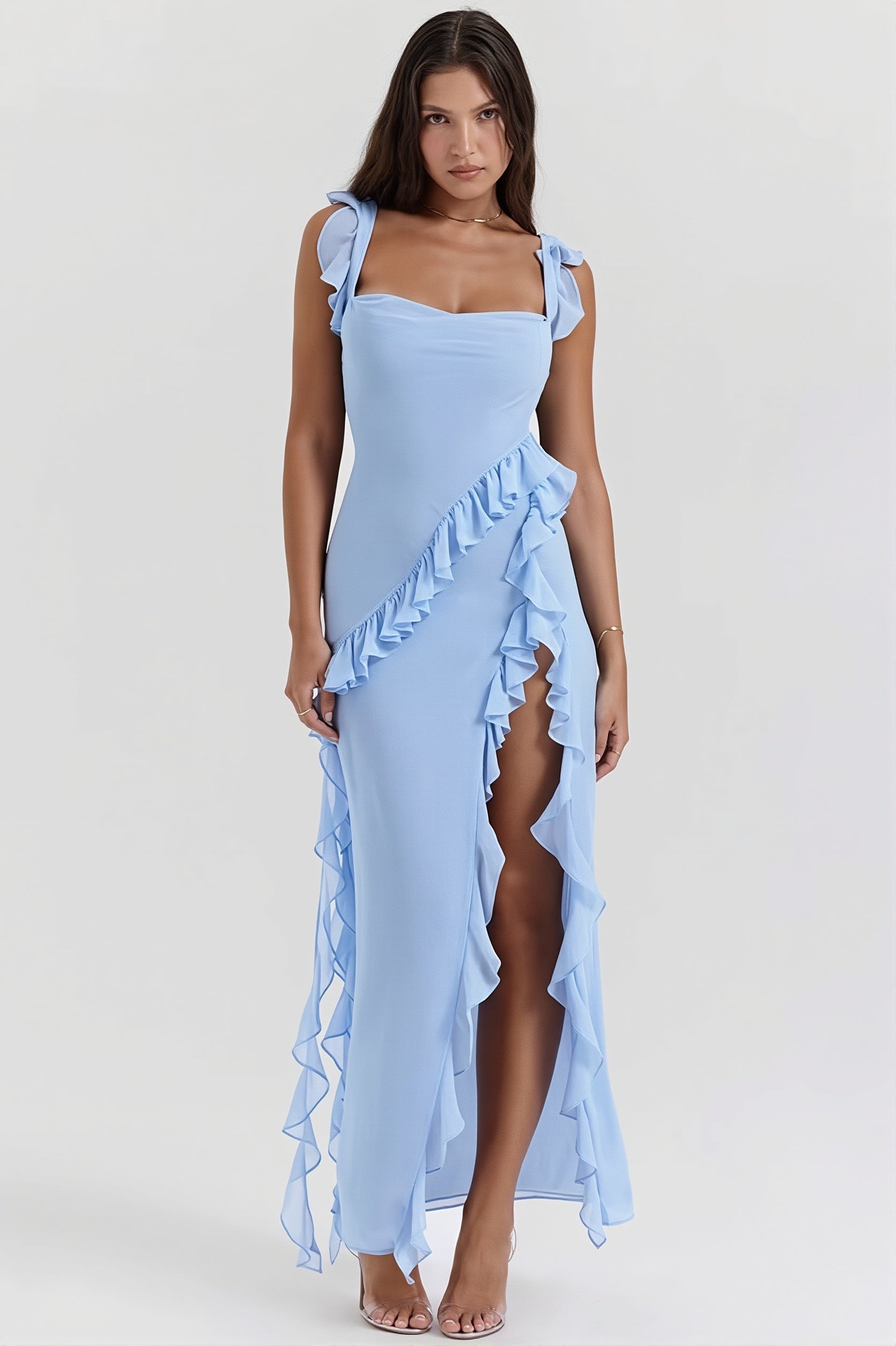 Ribbon Ruffle-Splice Slit Maxi Dress