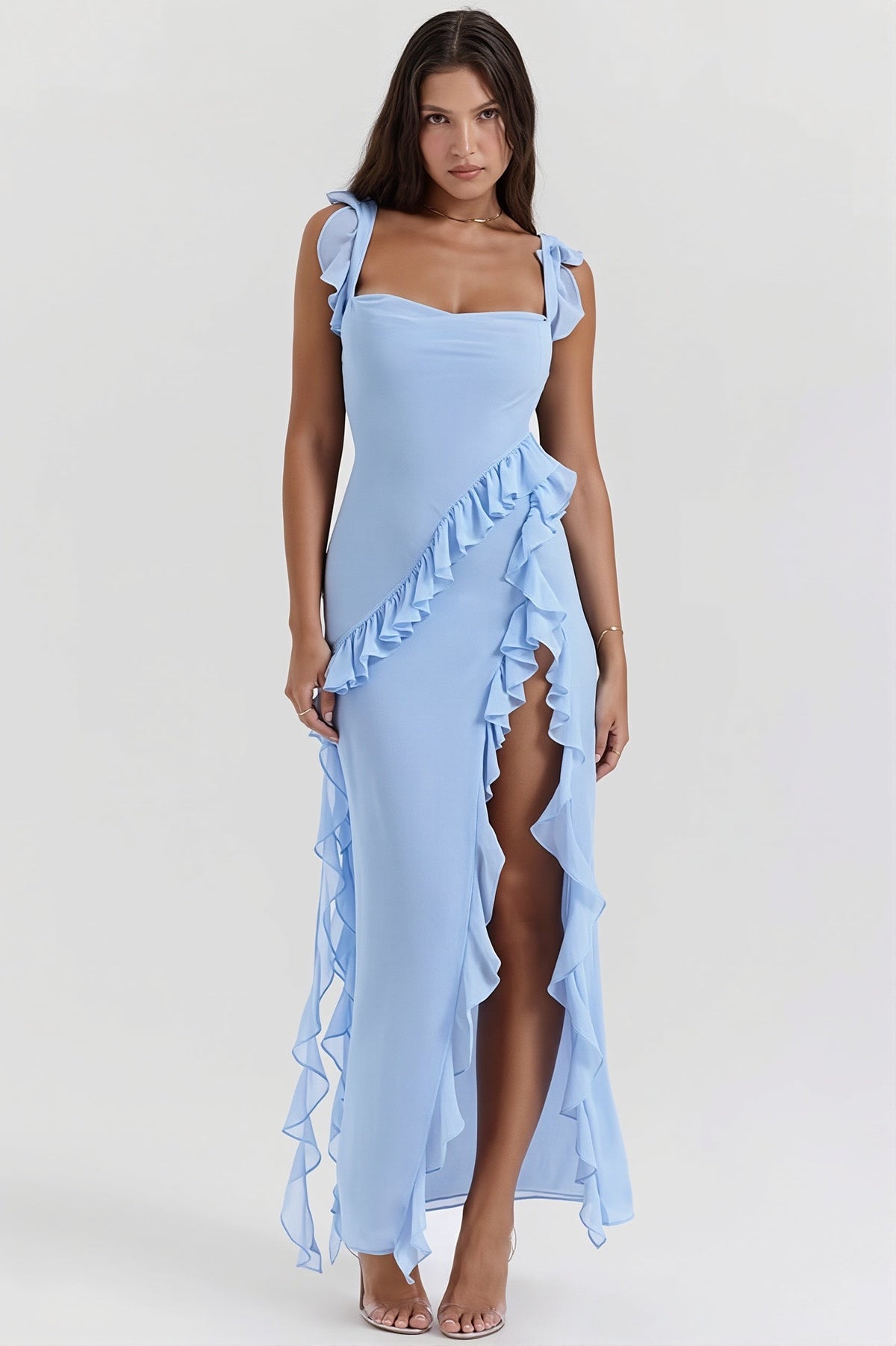 Ribbon Ruffle-Splice Slit Maxi Dress