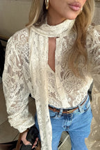 Sheer Lace Tie Long-Sleeve Blouse