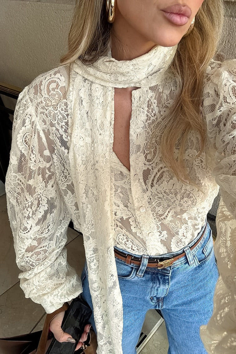 Sheer Lace Tie Long-Sleeve Blouse