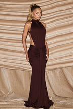 Halter Ruched Open-Back Gown Maxi Dress