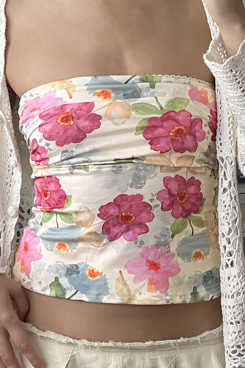 Floral Color-Block Strapless Blouse