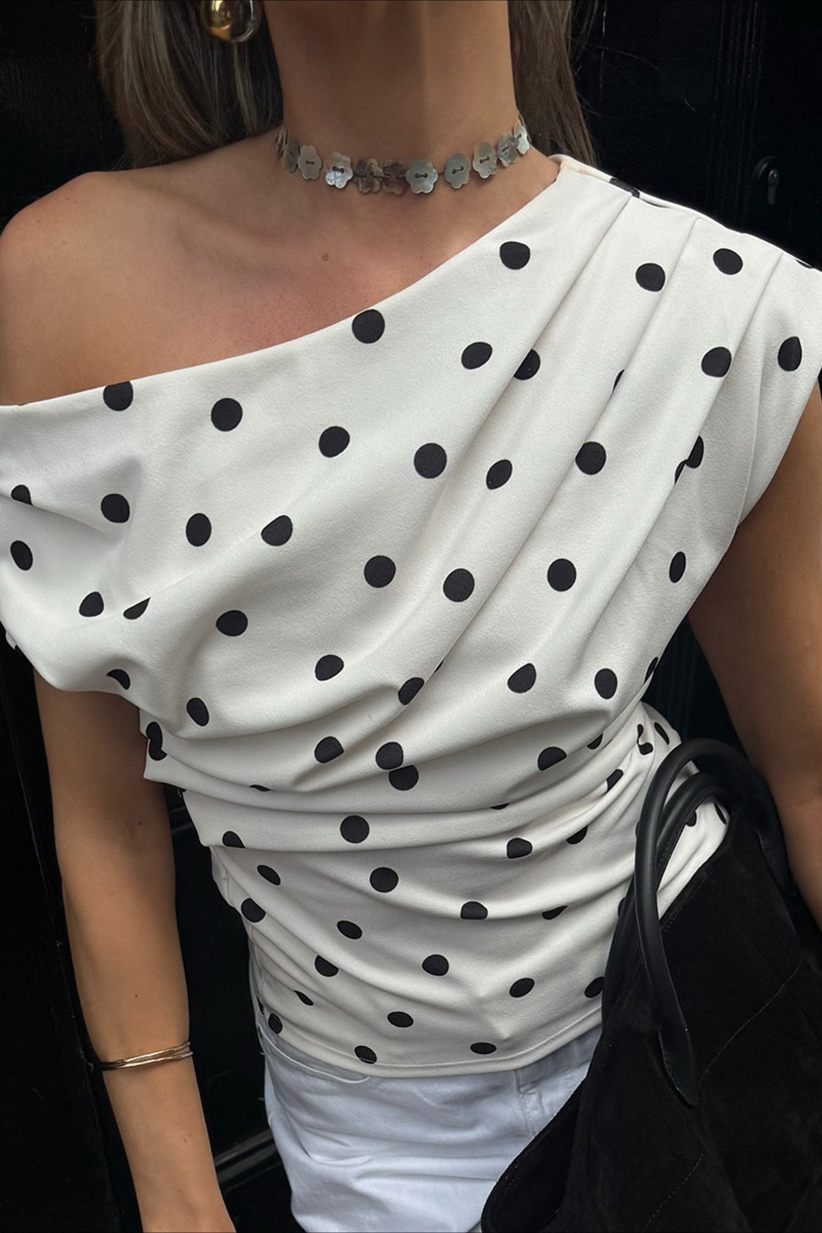 Retro Polka Dot One-Shoulder Blouse