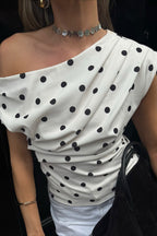 Retro Polka Dot One-Shoulder Blouse