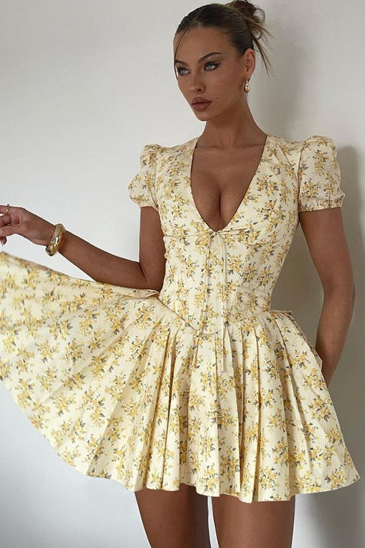 Floral V-Neck Ruched Mini Dress